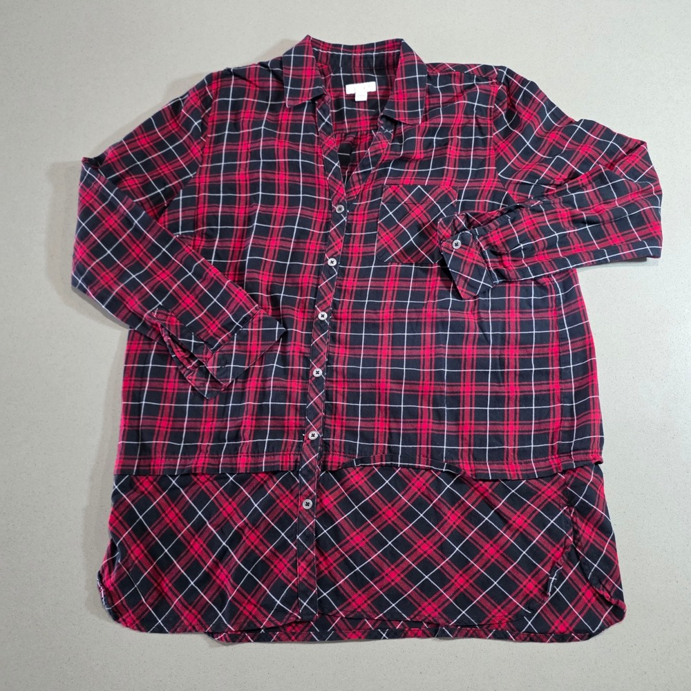 J. Jill Red Black Plaid Flannel Tunic Button Down Shirt Cotton Size M